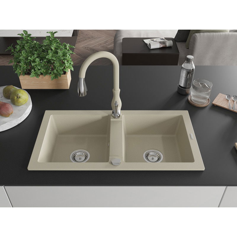 Mexen Mario granite kitchen sink 2-compartment with Savita kitchen faucet, beige - 6504-69-672601-69