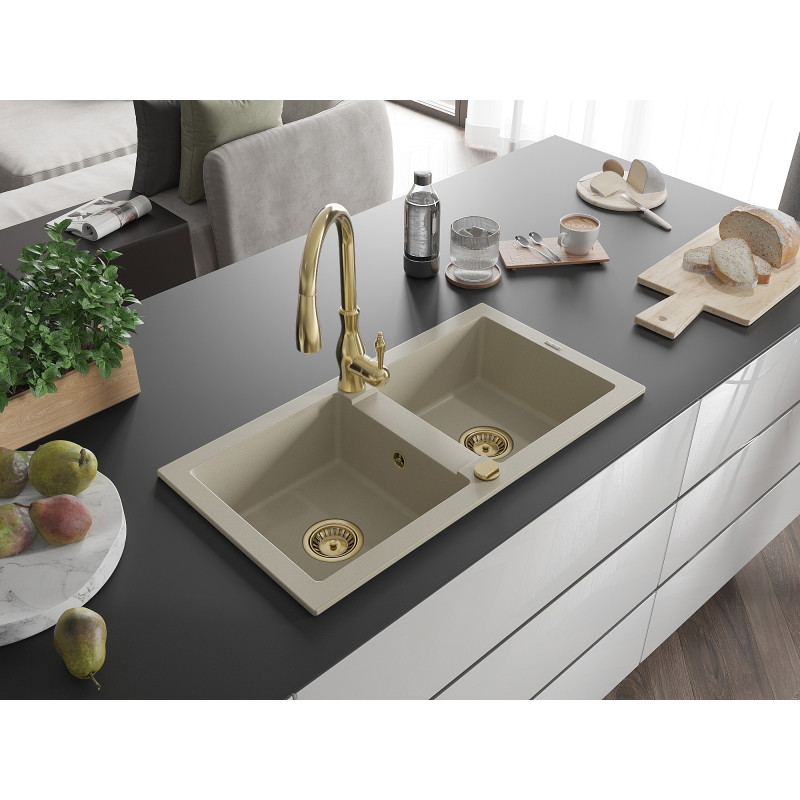 Mexen Mario granite double-bowl sink with Savita kitchen faucet, beige - 6504-69-672601-50