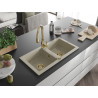Mexen Mario granite double-bowl sink with Savita kitchen faucet, beige - 6504-69-672601-50