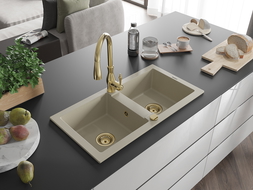 Mexen Mario 2-compartment granite sink with a kitchen mixer tap Savita, Beige - 6504-69-672601-50