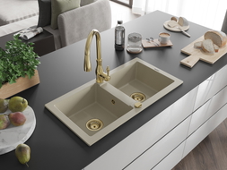 Mexen Mario granite double-bowl sink with Savita kitchen faucet, beige - 6504-69-672601-50