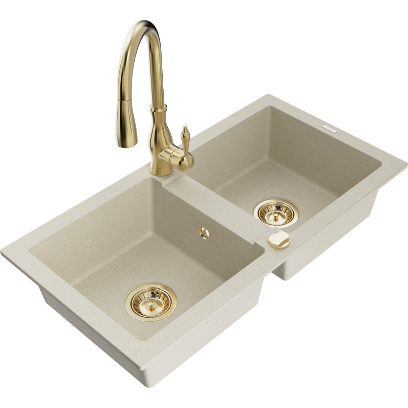 Mexen Mario 2-bowl granite kitchen sink with Savita tap, beige - 6504-69-672601-50