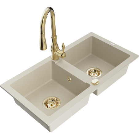 Mexen Mario 2-bowl granite kitchen sink with Savita tap, beige - 6504-69-672601-50