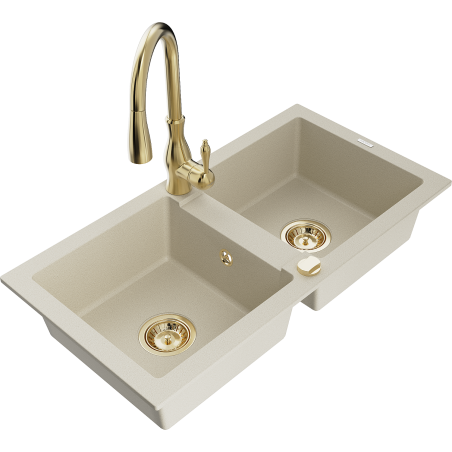 Mexen Mario 2-bowl granite sink with Savita kitchen faucet, beige - 6504-69-672601-50