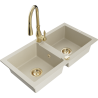 Mexen Mario 2-bowl granite sink with Savita kitchen faucet, beige - 6504-69-672601-50