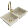 Mexen Mario granite double-bowl sink with Savita kitchen faucet, beige - 6504-69-672601-50
