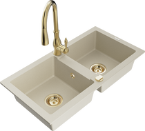 Mexen Mario granite double-bowl sink with Savita kitchen faucet, beige - 6504-69-672601-50