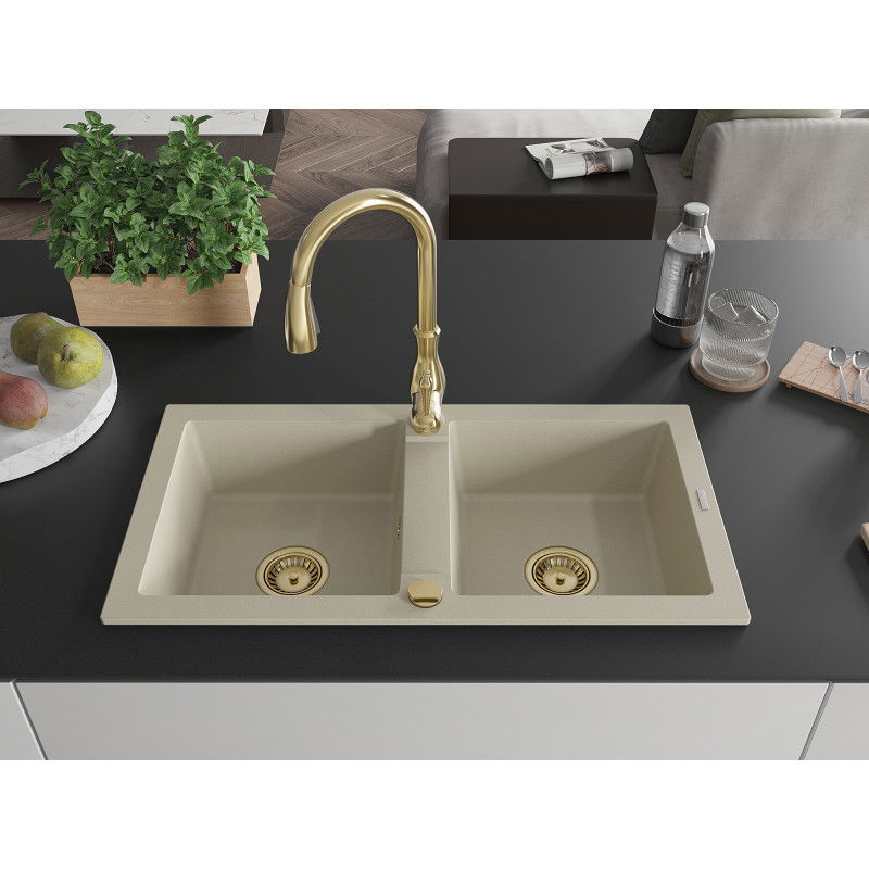Mexen Mario 2-bowl granite kitchen sink with Savita tap, beige - 6504-69-672601-50