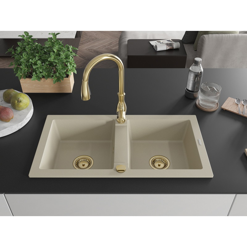 Mexen Mario 2-bowl granite sink with Savita kitchen faucet, beige - 6504-69-672601-50