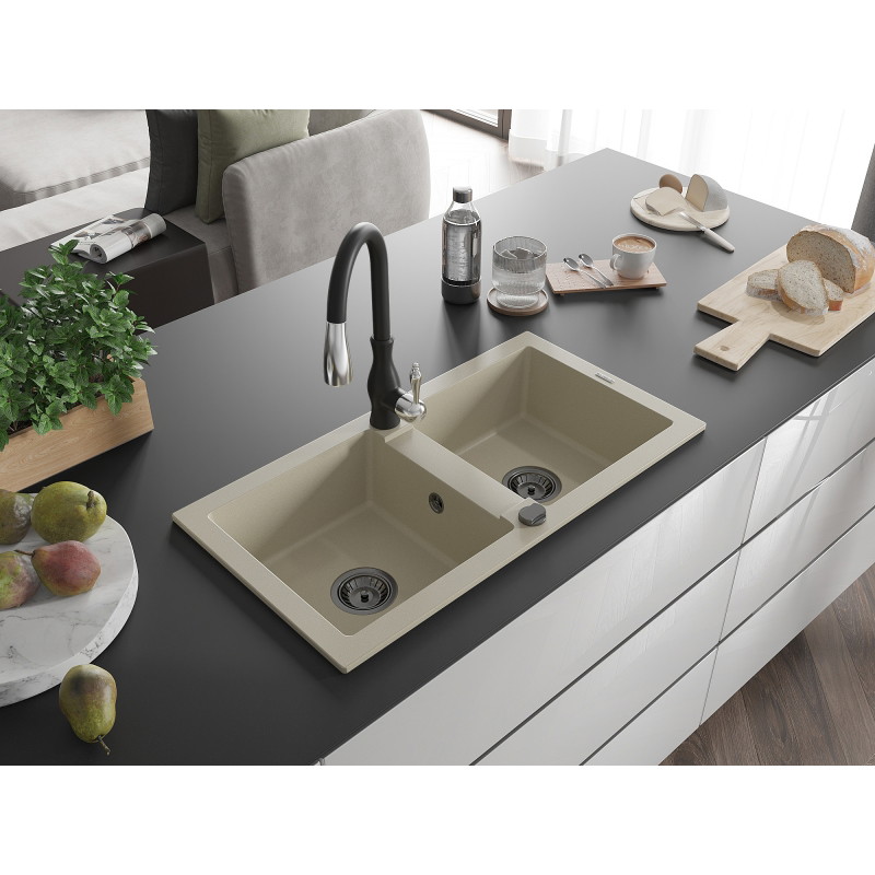 Mexen Mario granite double-bowl sink with Savita kitchen faucet, beige - 6504-69-672601-70