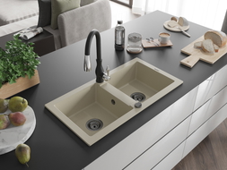 Mexen Mario granite double-bowl sink with Savita kitchen faucet, beige - 6504-69-672601-70
