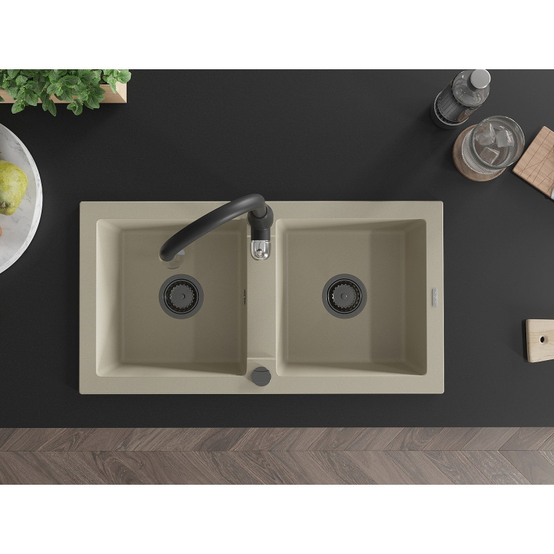 Mexen Mario granite double-bowl sink with Savita kitchen faucet, beige - 6504-69-672601-70