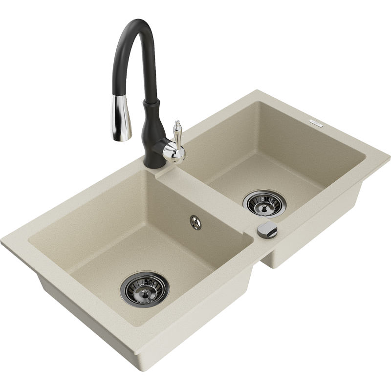 Mexen Mario 2-bowl granite kitchen sink with Savita faucet, beige - 6504-69-672601-70