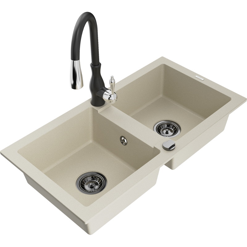 Mexen Mario 2-bowl granite kitchen sink with Savita kitchen faucet, beige - 6504-69-672601-70