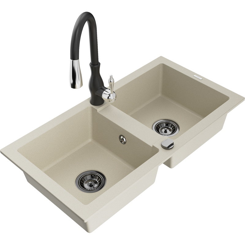 Mexen Mario 2-compartment granite sink with a kitchen mixer tap Savita, Beige - 6504-69-672601-70