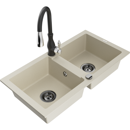 Mexen Mario 2-bowl granite kitchen sink with Savita faucet, beige - 6504-69-672601-70