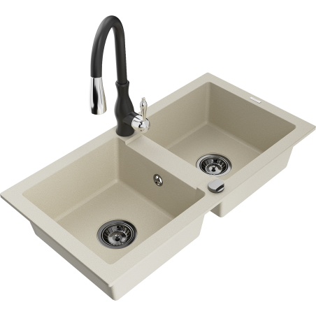 Mexen Mario 2-bowl granite kitchen sink with Savita kitchen faucet, beige - 6504-69-672601-70