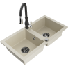 Mexen Mario 2-bowl granite kitchen sink with Savita kitchen faucet, beige - 6504-69-672601-70