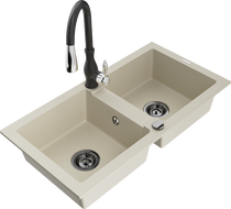Mexen Mario 2-compartment granite sink with a kitchen mixer tap Savita, Beige - 6504-69-672601-70