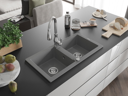 Mexen Mario 2-compartment granite sink with a kitchen mixer tap Savita, Grey - 6504-71-672601-00