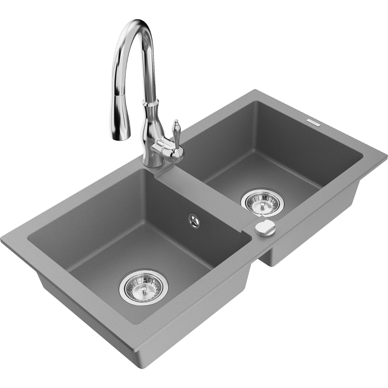 Mexen Mario granite kitchen sink 2-bowl with Savita kitchen tap, grey - 6504-71-672601-00