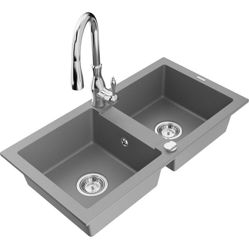 Mexen Mario granite sink 2-chamber with Savita kitchen faucet, gray - 6504-71-672601-00