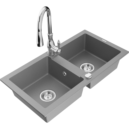 Mexen Mario 2-compartment granite sink with a kitchen mixer tap Savita, Grey - 6504-71-672601-00
