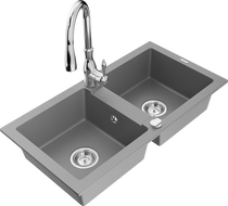 Mexen Mario granite kitchen sink 2-bowl with Savita kitchen tap, grey - 6504-71-672601-00