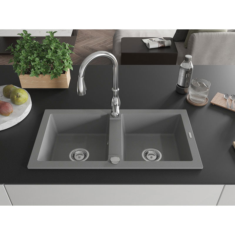 Mexen Mario granite kitchen sink 2-bowl with Savita kitchen tap, grey - 6504-71-672601-00
