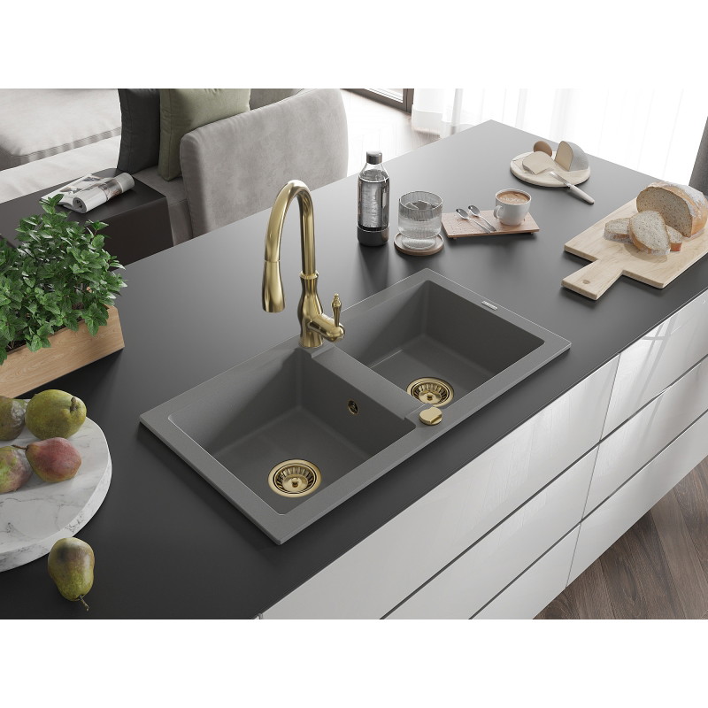 Mexen Mario 2-bowl granite kitchen sink with Savita faucet, gray - 6504-71-672601-50