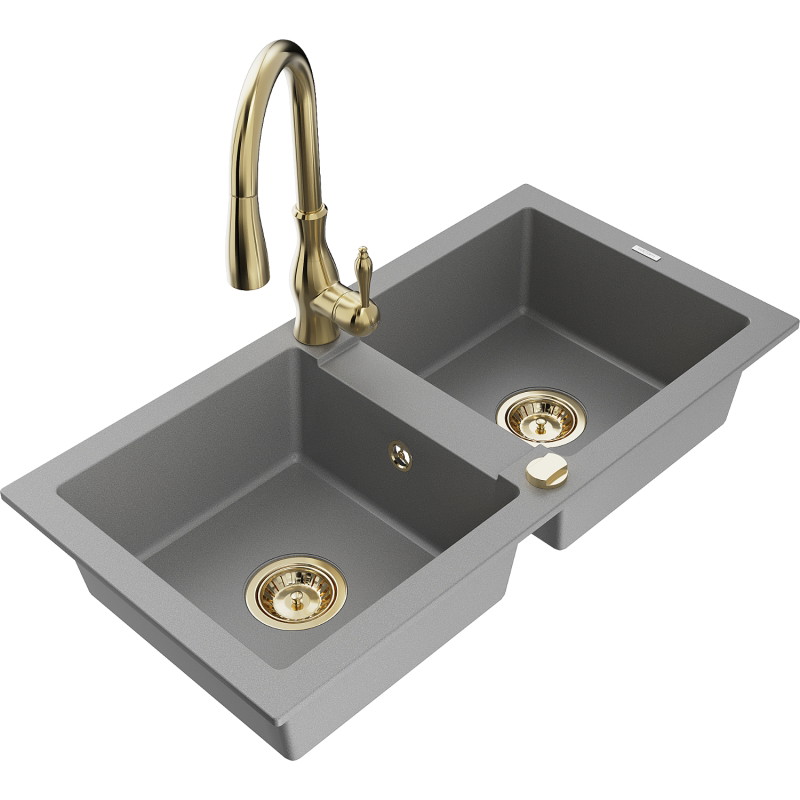 Mexen Mario 2-bowl granite kitchen sink with Savita faucet, gray - 6504-71-672601-50