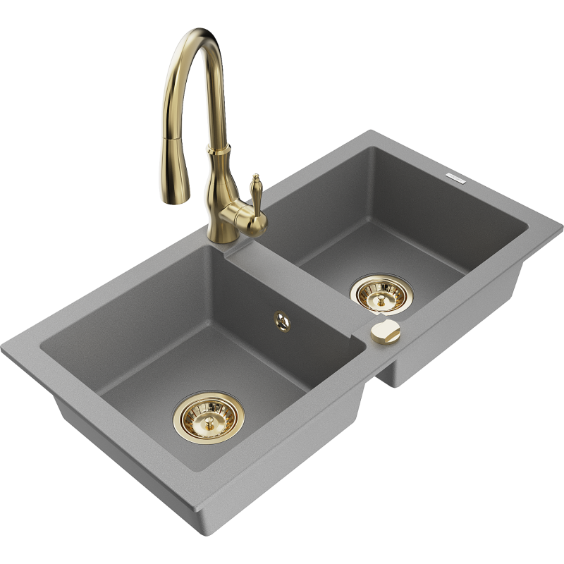 Mexen Mario granite double bowl sink with Savita kitchen tap, grey - 6504-71-672601-50