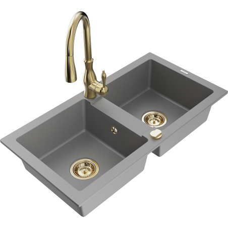 Mexen Mario 2-bowl granite kitchen sink with Savita faucet, gray - 6504-71-672601-50