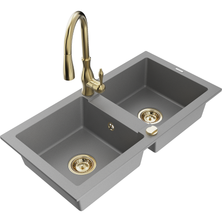 Mexen Mario granite double bowl sink with Savita kitchen tap, grey - 6504-71-672601-50