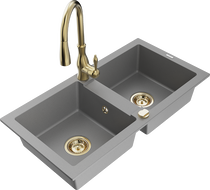 Mexen Mario granite double bowl sink with Savita kitchen tap, grey - 6504-71-672601-50