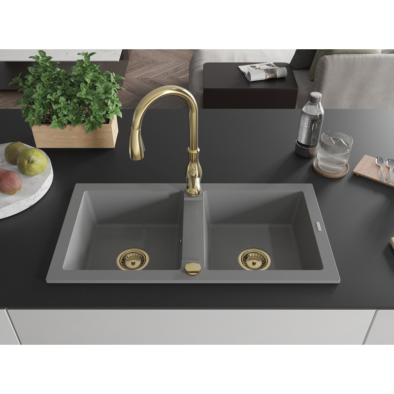 Mexen Mario 2-bowl granite kitchen sink with Savita faucet, gray - 6504-71-672601-50