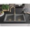 Mexen Mario granite double bowl sink with Savita kitchen tap, grey - 6504-71-672601-50