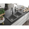 Mexen Mario granite 2-bowl sink with Savita kitchen faucet, gray - 6504-71-672601-70