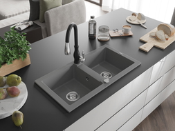 Mexen Mario granite double-bowl kitchen sink with Savita faucet, gray - 6504-71-672601-70