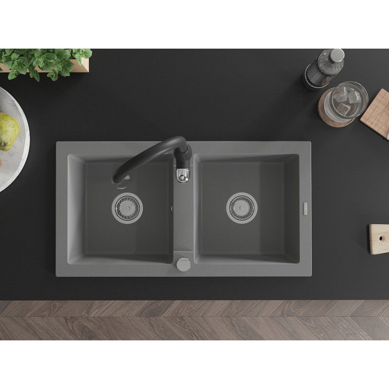 Mexen Mario granite sink 2-chamber with Savita kitchen tap, grey - 6504-71-672601-70