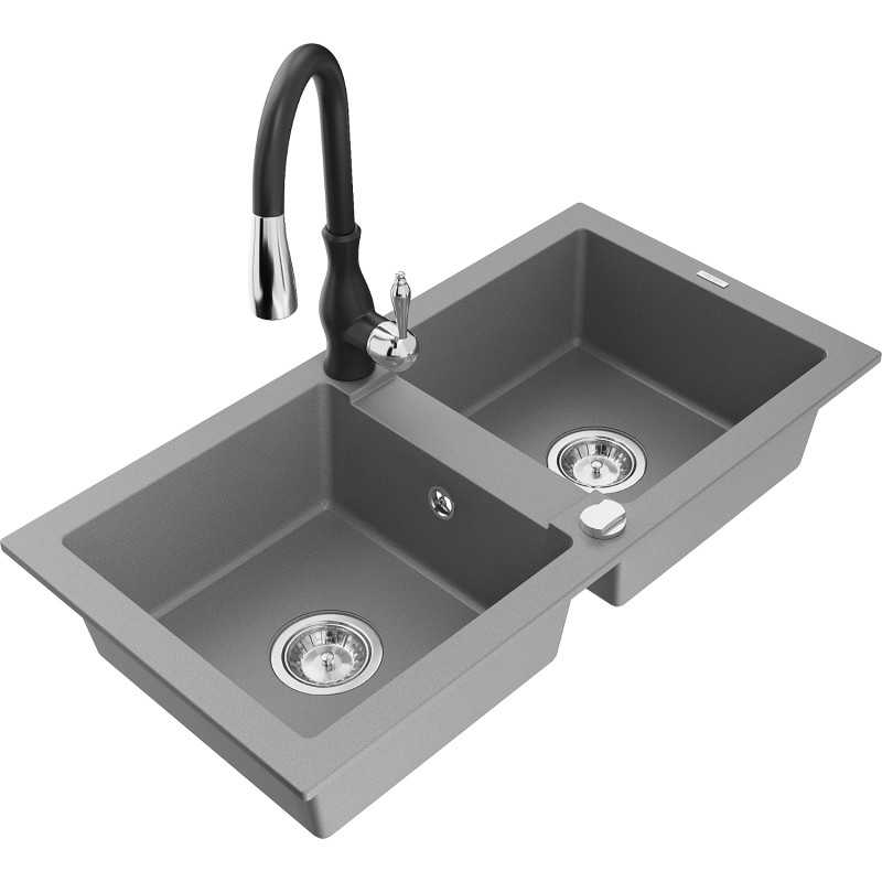 Mexen Mario granite 2-bowl sink with Savita kitchen faucet, gray - 6504-71-672601-70