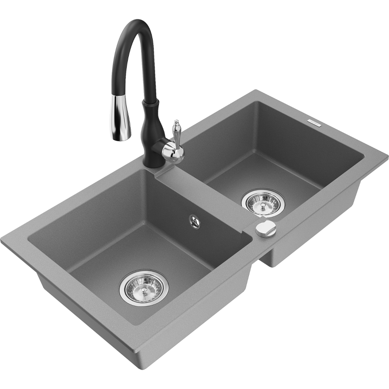 Mexen Mario granite sink 2-chamber with Savita kitchen tap, grey - 6504-71-672601-70