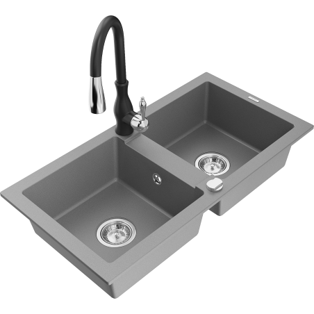 Mexen Mario granite double-bowl kitchen sink with Savita faucet, gray - 6504-71-672601-70
