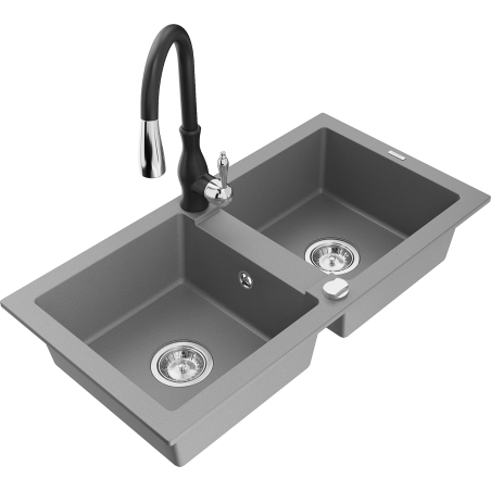 Mexen Mario granite sink 2-chamber with Savita kitchen tap, grey - 6504-71-672601-70
