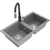 Mexen Mario granite 2-bowl sink with Savita kitchen faucet, gray - 6504-71-672601-70
