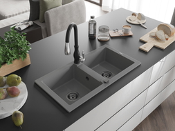 Mexen Mario granite double-bowl sink with Savita kitchen faucet, gray - 6504-71-672601-70-B