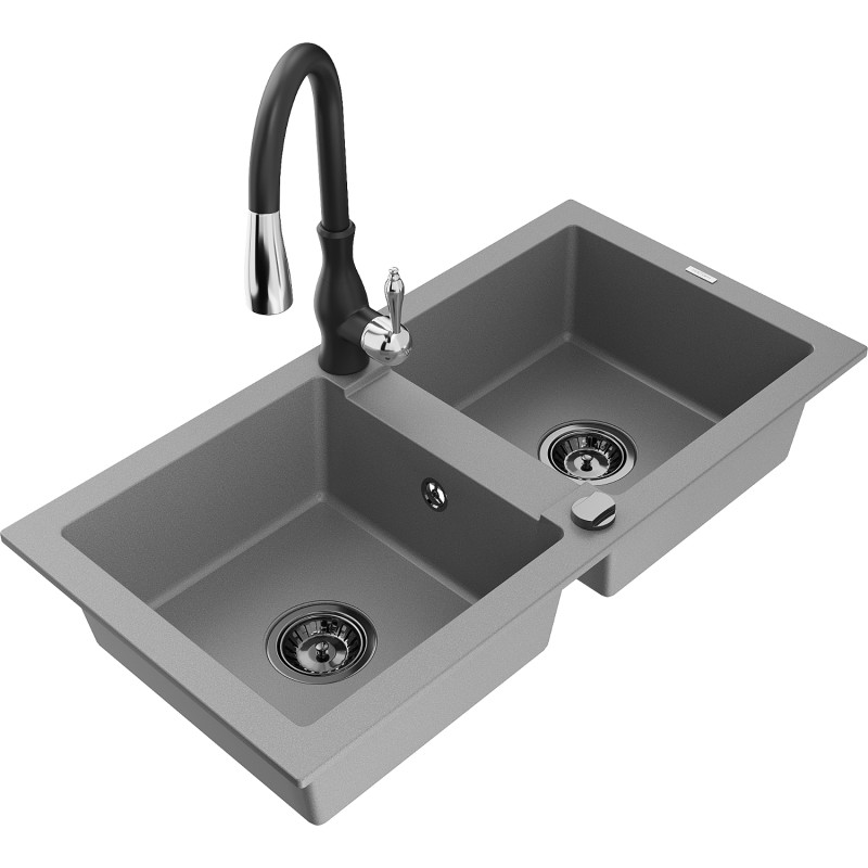 Mexen Mario granite double-bowl sink with Savita kitchen faucet, gray - 6504-71-672601-70-B