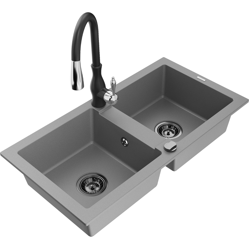 Mexen Mario granite kitchen sink with 2 bowls and Savita kitchen tap, grey - 6504-71-672601-70-B