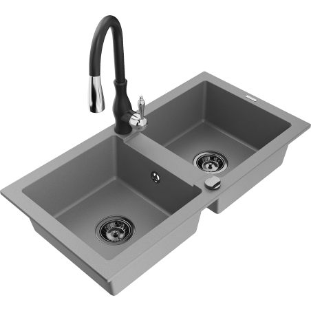 Mexen Mario granite double-bowl sink with Savita kitchen faucet, gray - 6504-71-672601-70-B