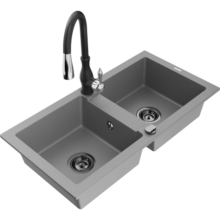 Mexen Mario granite kitchen sink 2-compartment with Savita kitchen faucet, gray - 6504-71-672601-70-B